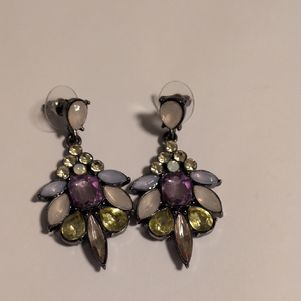 Purple & Pastel Rhinestone Floral Design Crystal Statement Drop Earrings